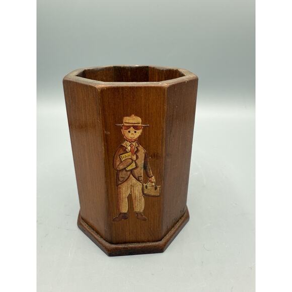 “Vintage Wooden Octagon Pencil Holder Desk Organizer – Hand Painted Folk Art - Picture 3 of 8